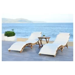 Pacifica 3pc Wood Patio Lounge Set - Teak Brown/Beige - Safavieh -Safavieh Store GUEST be29a584 19f0 404d 9daf 96d418769180