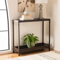 Dinesh Console With Storage Shelf - Black/Dark Walnut - Safavieh