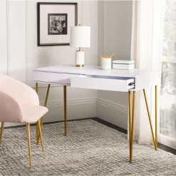 Pine Two Drawer Desk - White/Gold - Safavieh